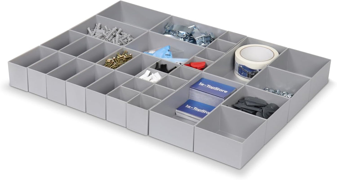 1a-TopStore 32-tlg. Einsatzkasten-Set, grau, für Schubladen von Material- und Werkzeugschränken, 63