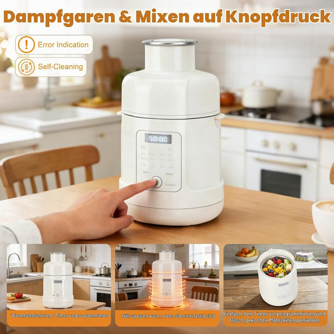 Babynahrungszubereiter, 5-in-1 Dampfgarer &amp; Mixer mit Timer, LED Display, Auto-Clean – Glas 316 Edel