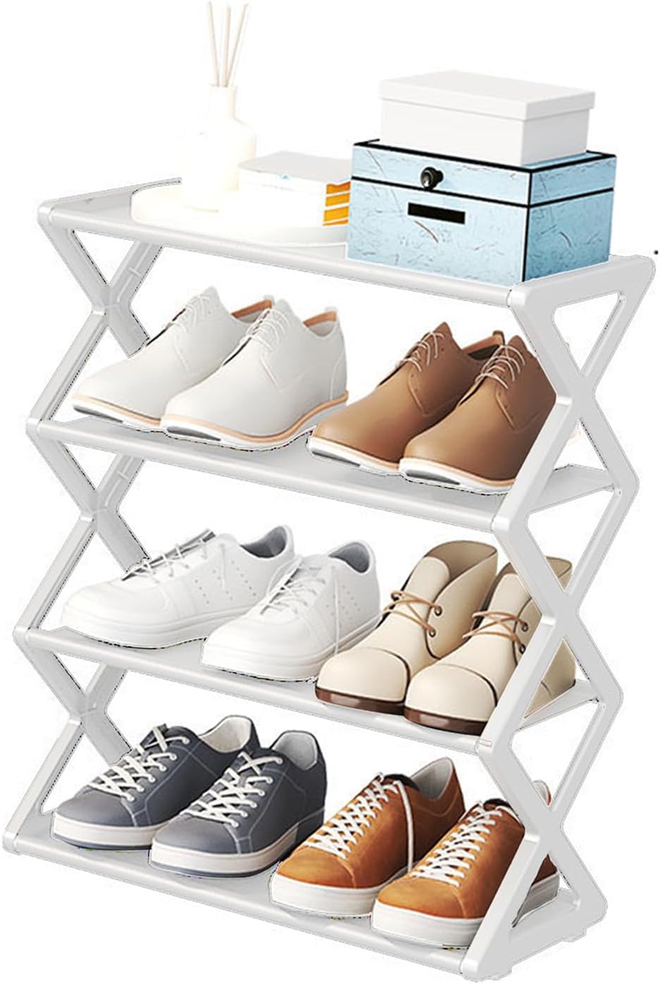 Schuhregal Faltbar, 4 Ebenen, Tragbar, Kunststoff, Weiss, für Flur, Weiss