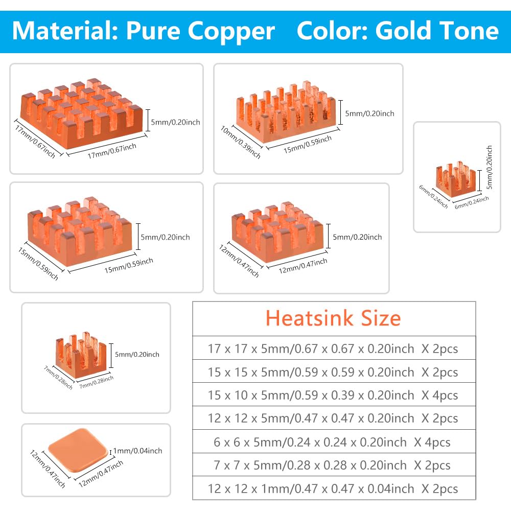 GeeekPi 18PCS Pure Copper Heatsinks for Raspberry Pi 5 /Pi 4B, CPU Cooler Heatsinks with Thermal Con