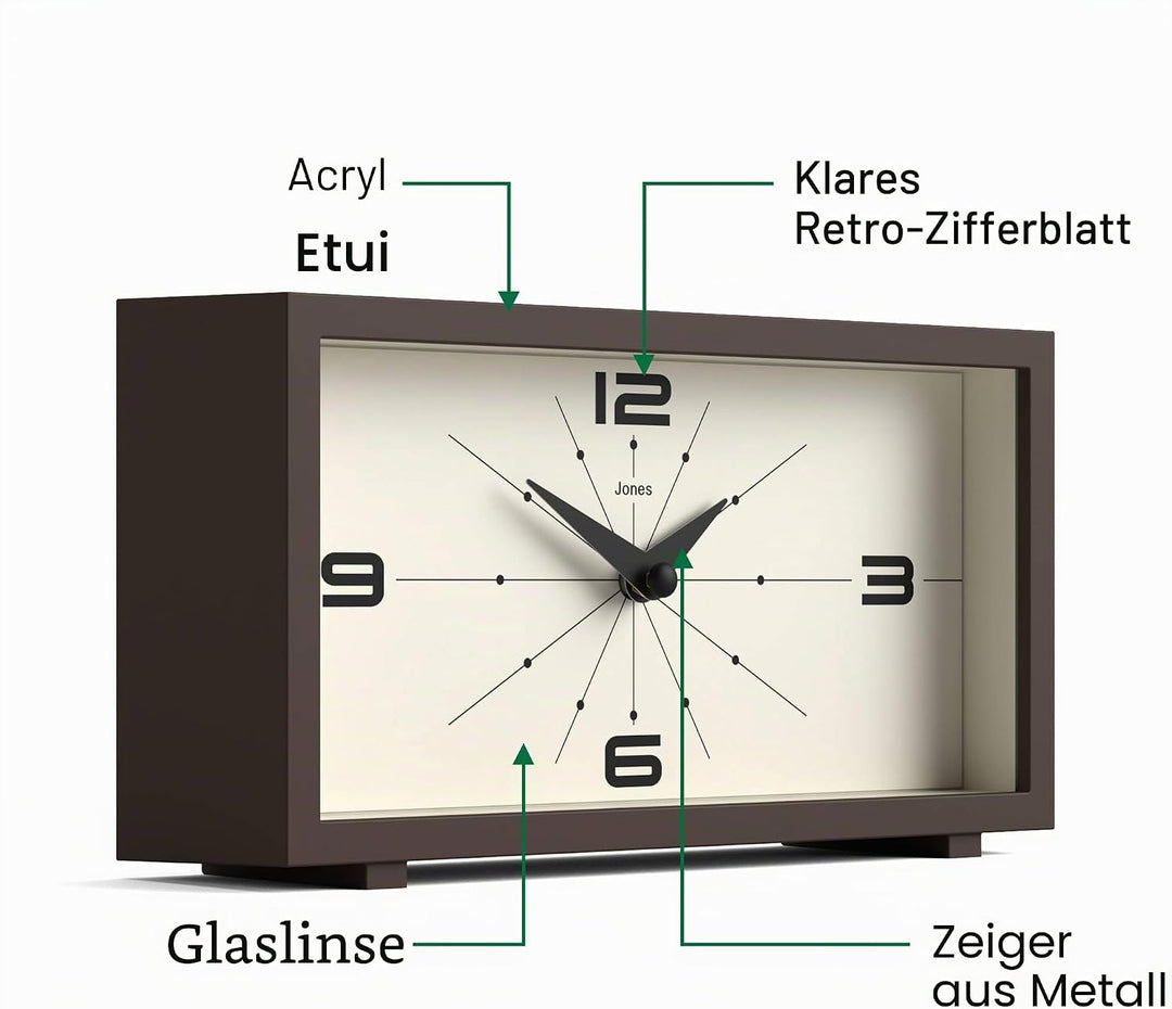 JONES CLOCKS® Schreibtischuhr 'Odeon' – modernes rechteckiges Design in Braun, stilvoller Retro-Look