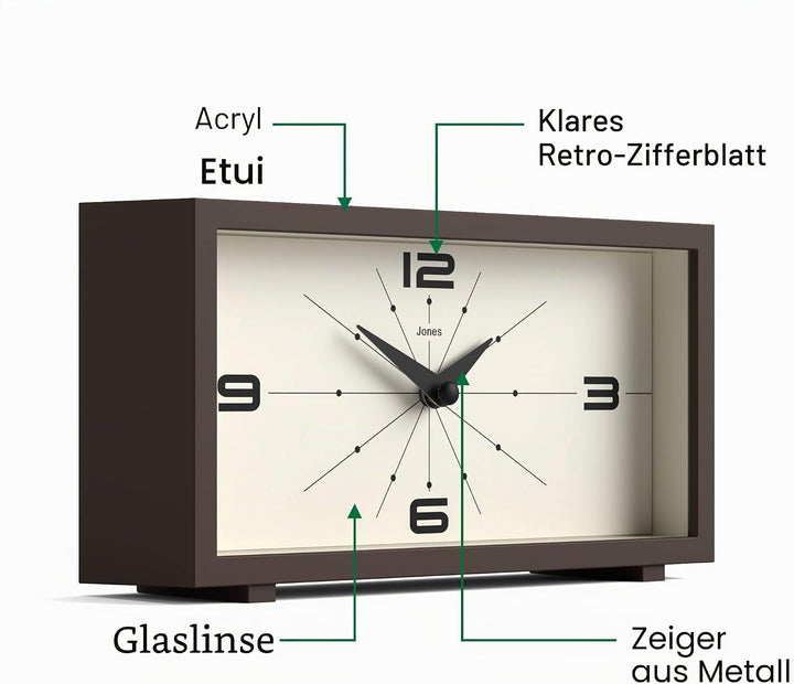 JONES CLOCKS® Schreibtischuhr 'Odeon' – modernes rechteckiges Design in Braun, stilvoller Retro-Look