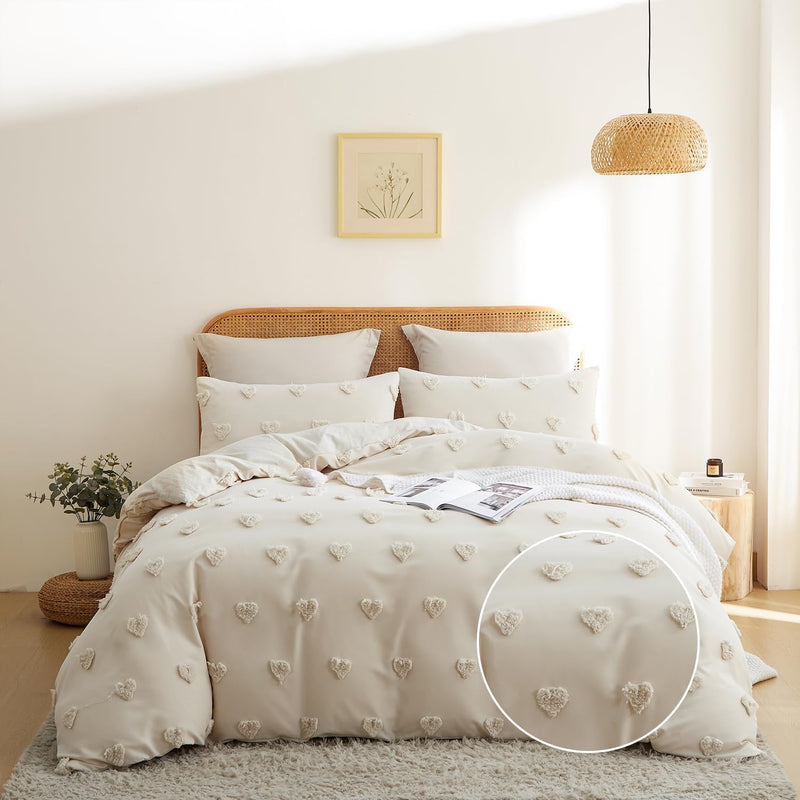 Freyamy Böhmen Bettwäsche 200x220cm 3teilig Beige Getuftet Herz Boho Bettwäsche Stickerei Shabby Chi