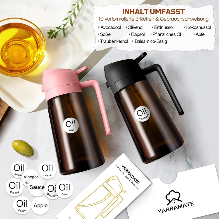 YARRAMATE 2 Stück 470ml Ölsprüher zum Kochen, 2-in-1 UV Schutz ölzerstäuber für die Küche, Bernstein