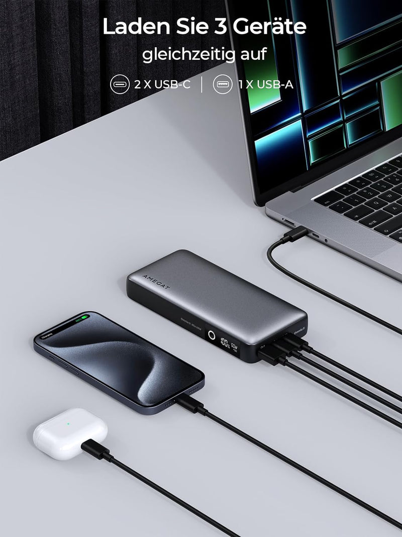 AMEGAT Power Bank 65W, 20000mAh Powerbank, USB C Input&Output externer Akku 3 Ports, Digitales Displ