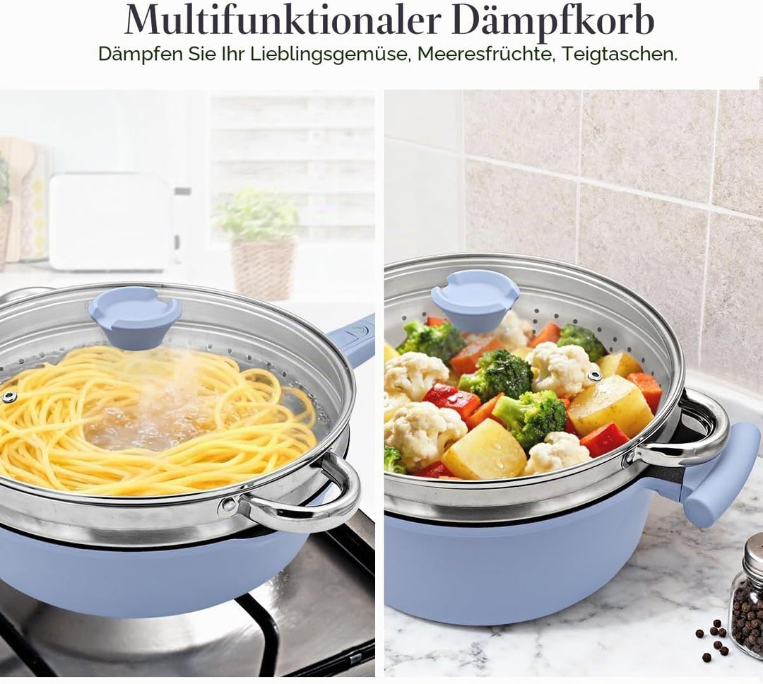 Topf und Pfannenset 7-Teilig, Pfanne 28cm mit Abnehmbarer Griff, Kochtopf 28cm mit Deckel/Dampfgarer
