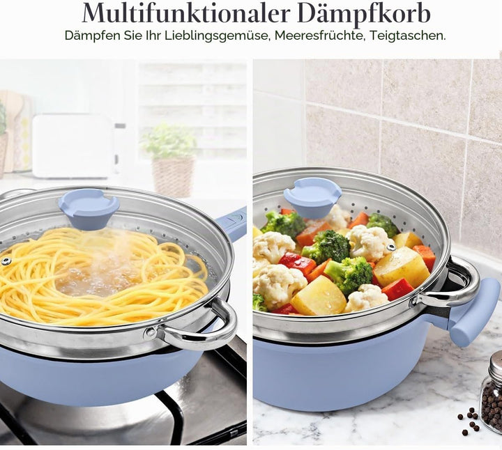 Topf und Pfannenset 7-Teilig, Pfanne 28cm mit Abnehmbarer Griff, Kochtopf 28cm mit Deckel/Dampfgarer