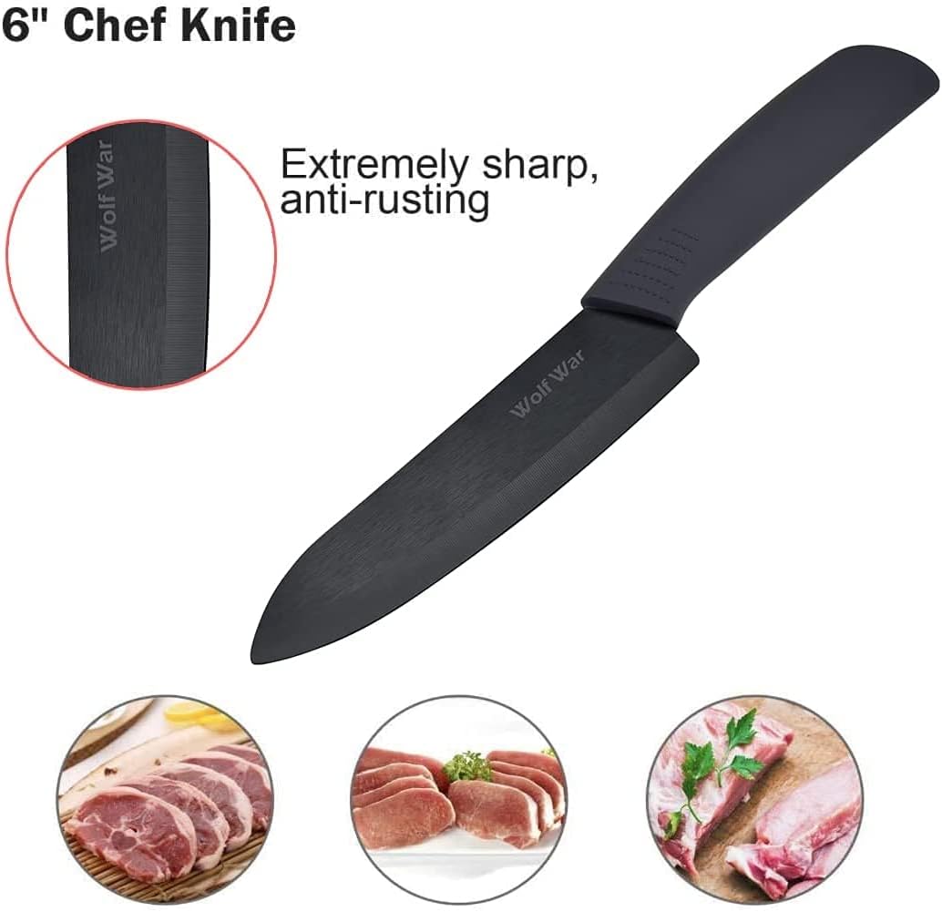 Wolf War Keramikmesser Set mit Schutzhülle, Küchenmesser Set mit 1 gezahnt Brot Knife, 1 Kochmesser