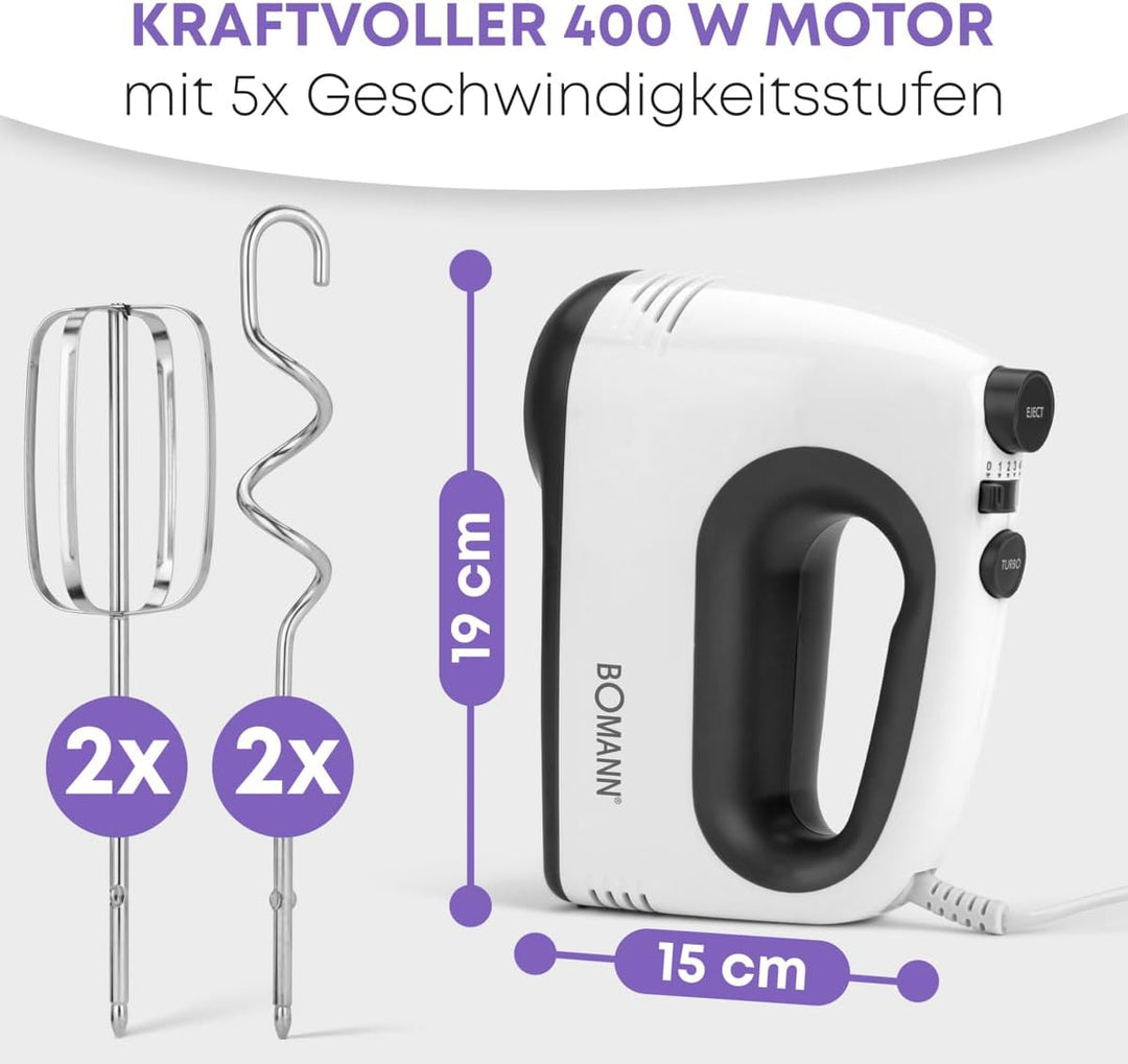 Bomann® Mixer | kraftvoller 400 Watt-Motor | Handmixer | Turbostufe & 5 Geschwindigkeitsstufen | Han
