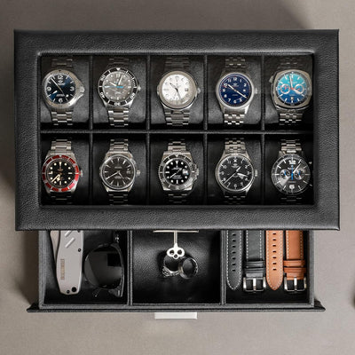 ROTHWELL Leder-Uhrenbox mit 10 Fächern, Luxus-Uhrenetui, Display-Organizer, abschliessbarer Schmuck-