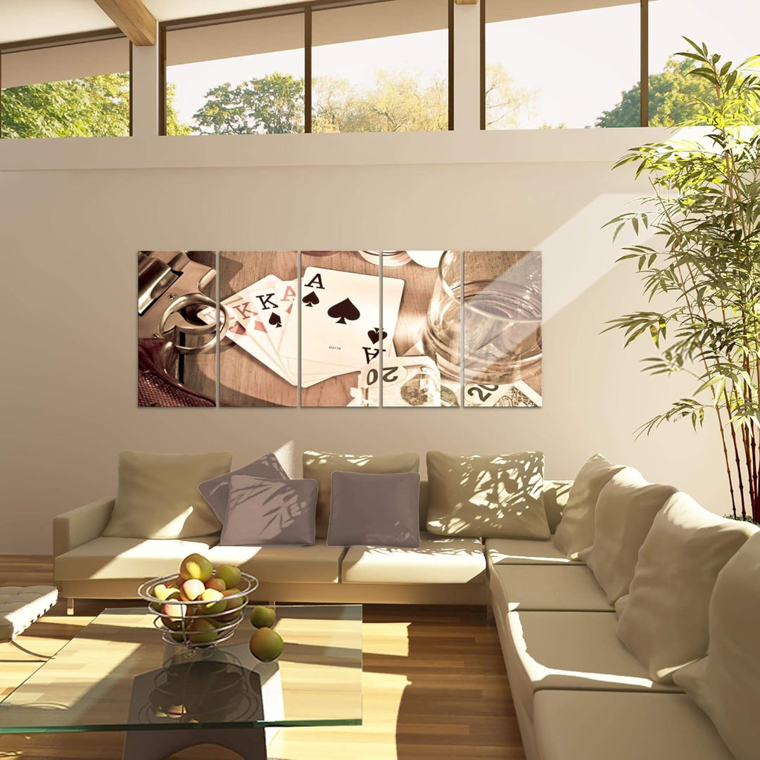Runa Art Wandbild XXL Poker Whiskey Wohnzimmer Schlafzimmer 200 x 80 cm Braun 5 Teilig - Made in Ger