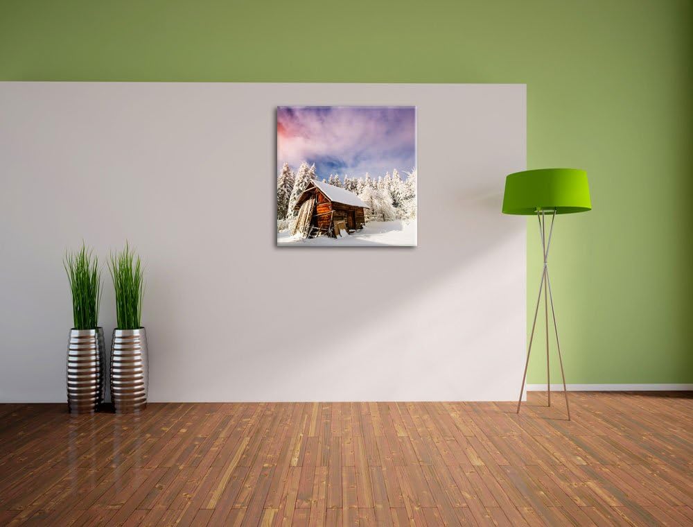 Holzhütte im Schnee, Format: 70x70 auf Leinwand, XXL riesige Bilder fertig gerahmt mit Keilrahmen, K