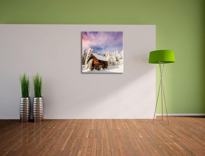 Holzhütte im Schnee, Format: 70x70 auf Leinwand, XXL riesige Bilder fertig gerahmt mit Keilrahmen, K