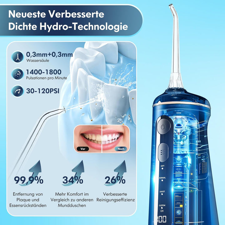 Munddusche Kabellos, Water Flosser for Teeth Mit 4 Modi & 8 Stufen 7 Düsen 300ML Tank Munddusche für