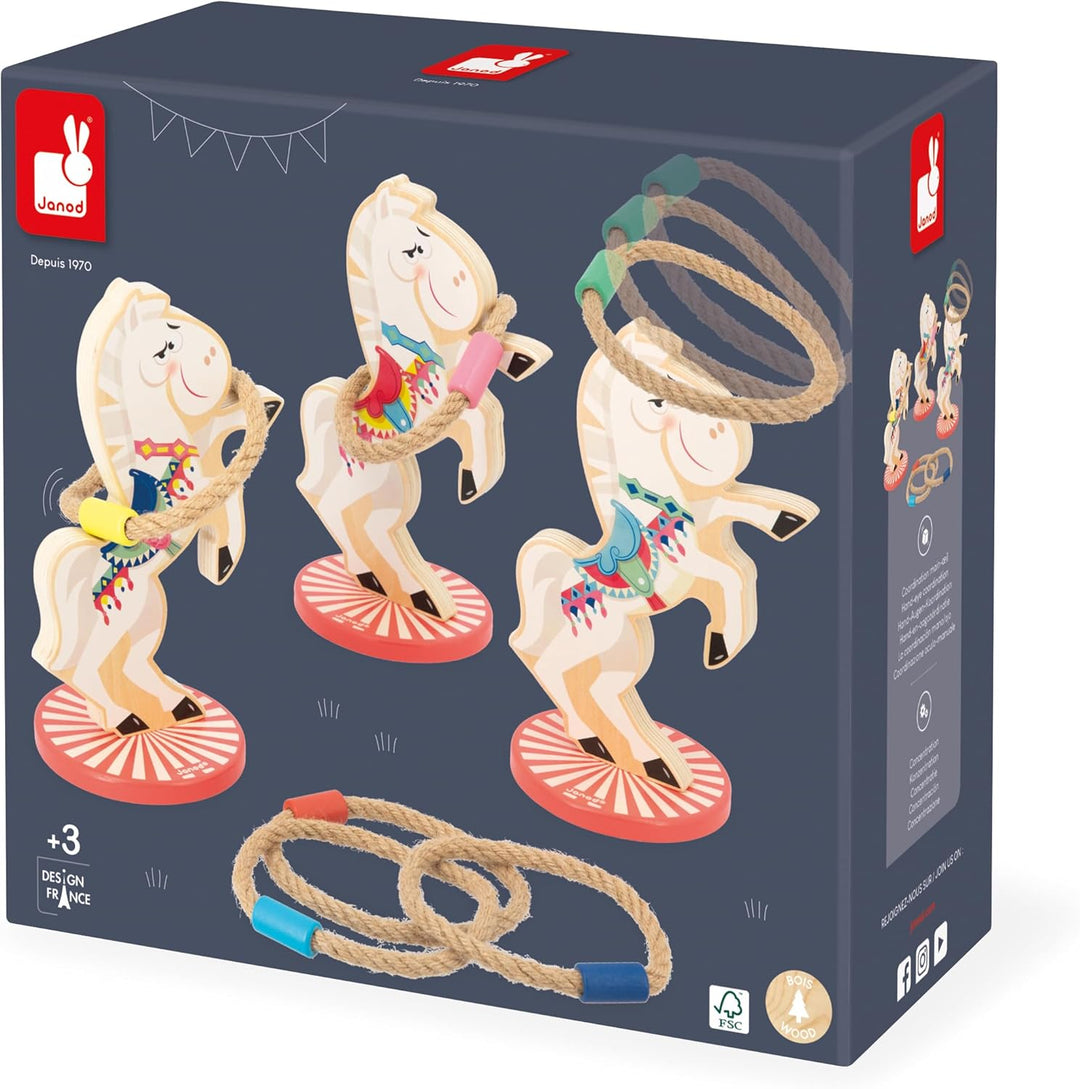 Janod - Pferde-Ringwurfspiel Applepop - Geschicklichkeitsspiel für Kinder - 3 Pferde + 6 Ringe - För