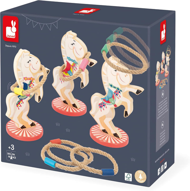Janod - Pferde-Ringwurfspiel Applepop - Geschicklichkeitsspiel für Kinder - 3 Pferde + 6 Ringe - För