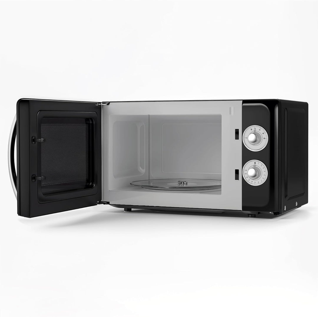 SWEISS Vintage-Mikrowelle MOVI9, 20L Schwarz, 700W, 6 Kochstufen, Auftaufunktion, Drehteller 24,5 cm