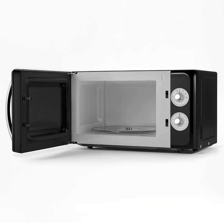 SWEISS Vintage-Mikrowelle MOVI9, 20L Schwarz, 700W, 6 Kochstufen, Auftaufunktion, Drehteller 24,5 cm