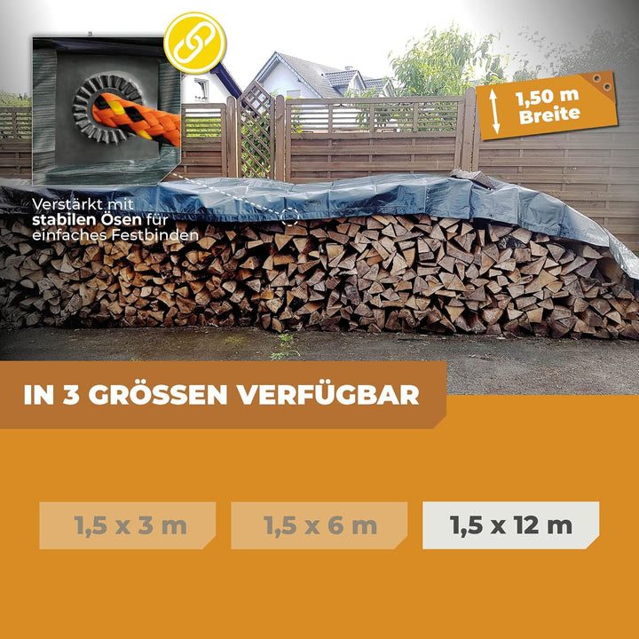 Rainexo Abdeckplane 1,5x12m; Stärke: 150g/m² (Power Forst Holzabdeckplane) RX150-1,5X12-GB Single, R