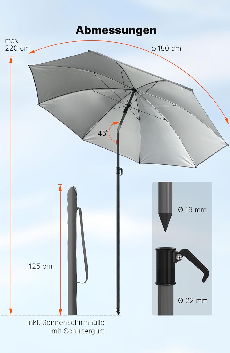 4smile Sonnenschirm Strand SunnyJoy, Anthrazit - UPF 50+ Strandschirm Ø 180 cm, sicherer Sonnenschut