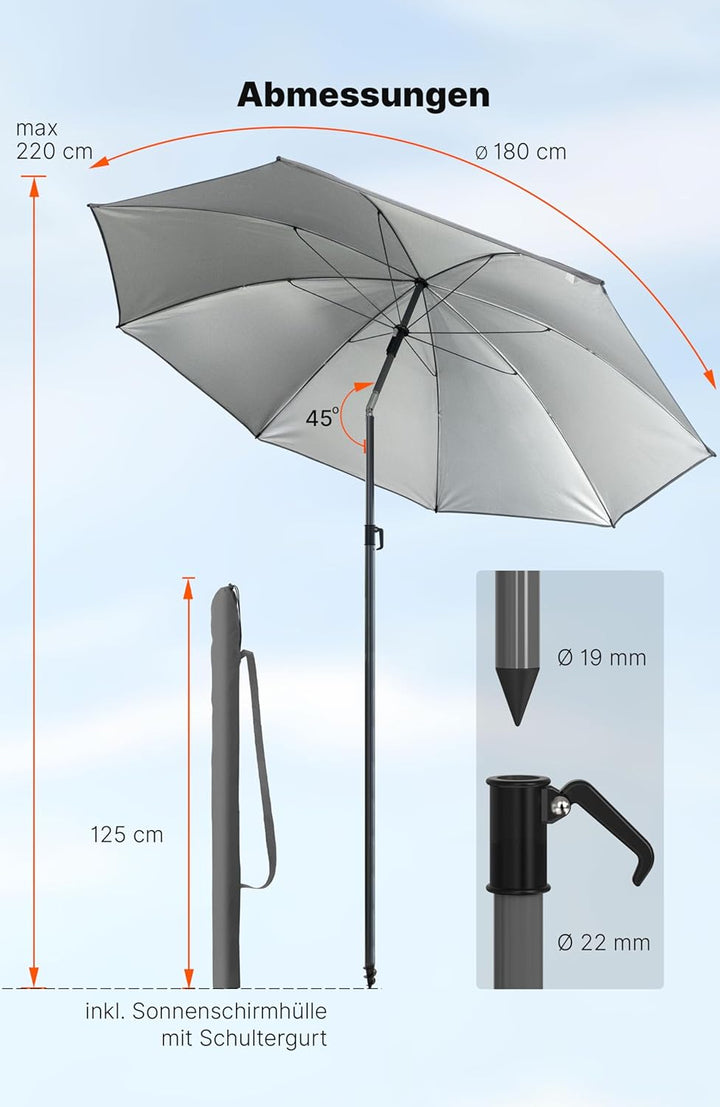 4smile Sonnenschirm Strand SunnyJoy, Anthrazit - UPF 50+ Strandschirm Ø 180 cm, sicherer Sonnenschut