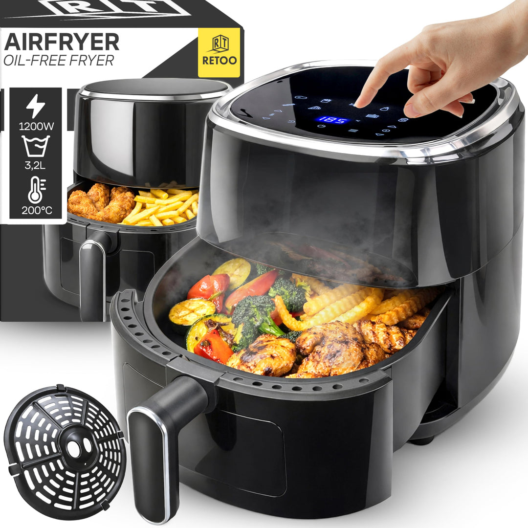 Retoo Heissluftfritteuse 3,2L 1200W Airfryer Mit LCD Touchscreen, 9 Kochprogramme, Einstellbare Temp