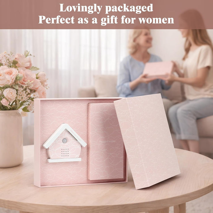 Vogelgezwitscher Box mit Bewegungsmelder & Licht, 12 Naturgeräuschen, Rosa Herz-Haus Design, inkl. S