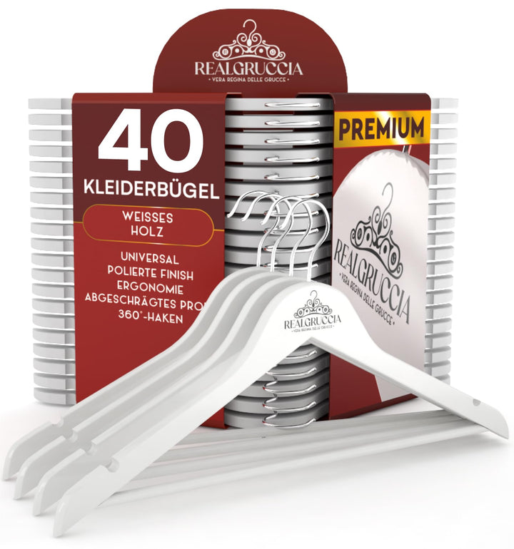40 Kleiderbügel aus Holz Anti-Rutsch-Einkerbungen Holzbügel RealGruccia Farbe Weiss Hosen und Hemden