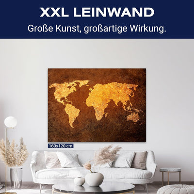 wandmotiv24 Weltkarte auf Leinwand, Grösse 60x45cm Querformat, Landkarte Gold, Braun, Textur, golden