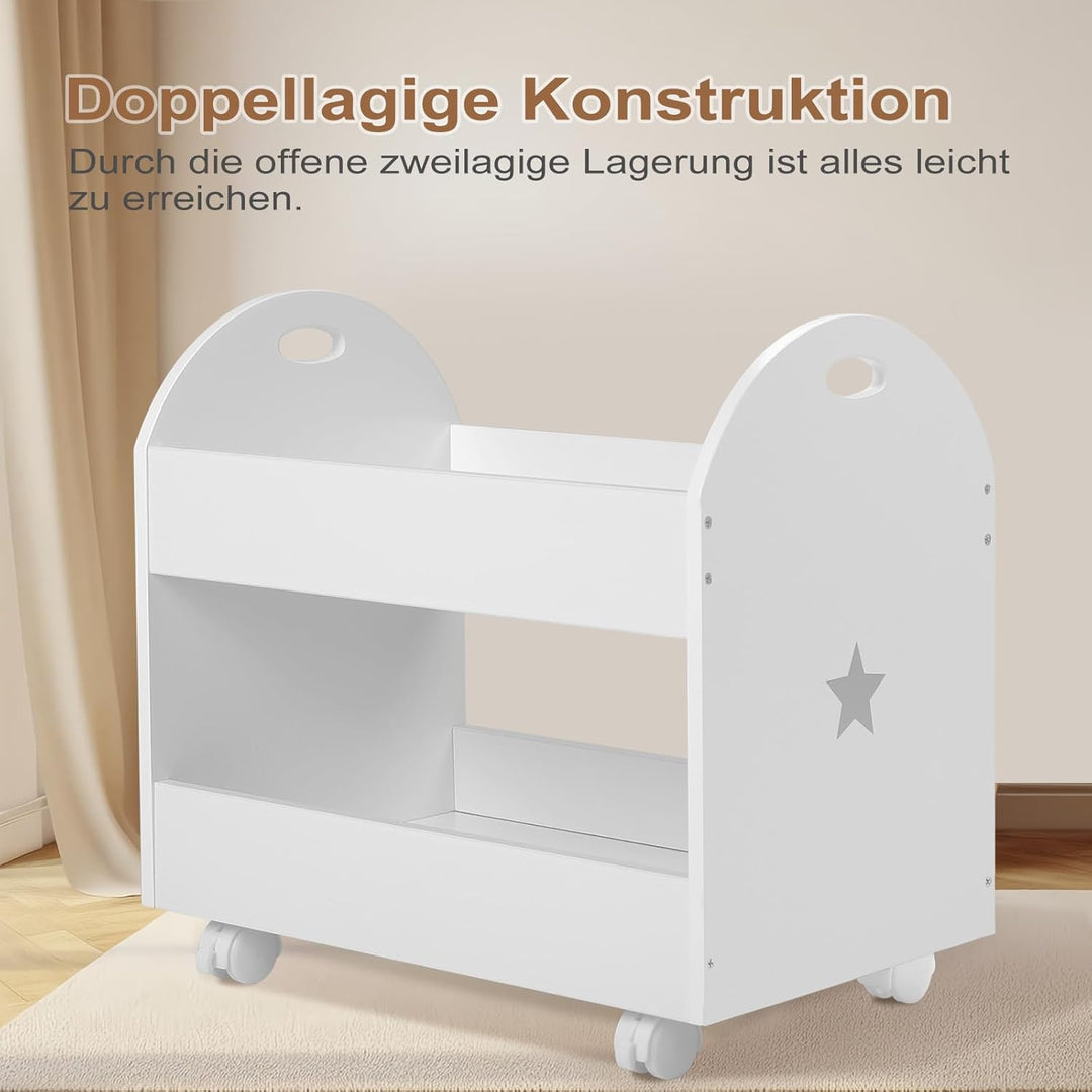 Lestarain Spielzeugkiste mit Rollen, Kinderzimmer Regal, Spielzeugregal mit 2 Ebenen, bewegliches Au