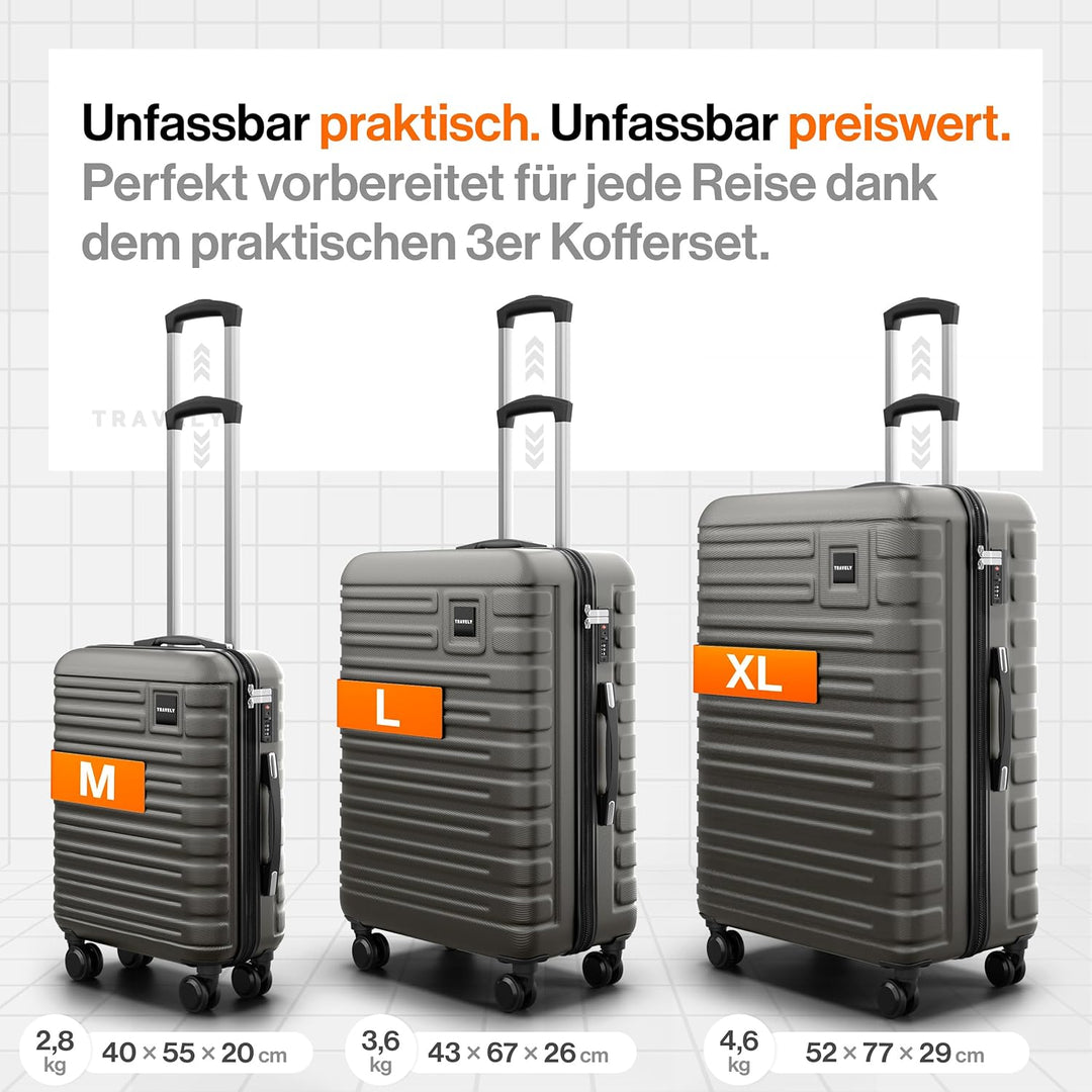Travely Premium Koffer Set: 28", 24" & Handgepäck Koffer in einem Set. Mehr als 250L Volumen zusamme