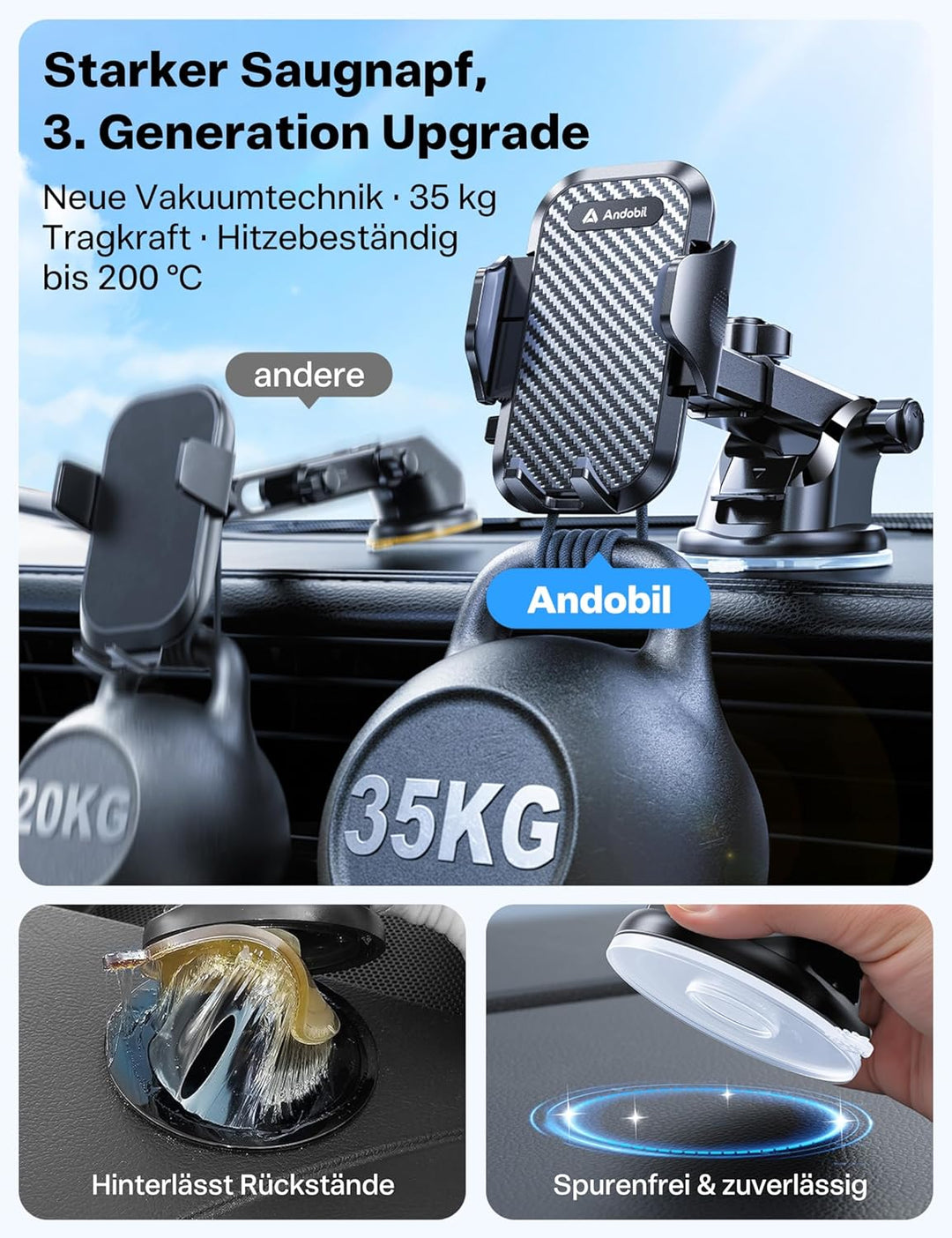 andobil Handyhalterung Auto [ Stabilere Version & nie wackeln ] 3 in 1 Auto Handyhalter Saugnapf & L