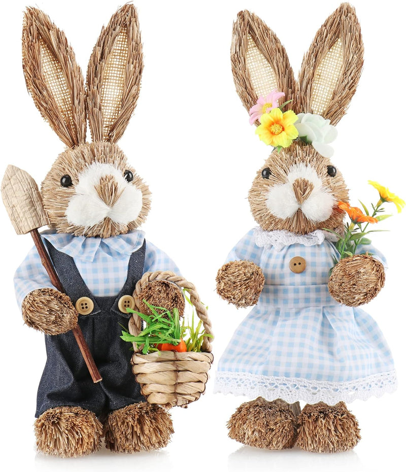 com-four® 2X Stroh Osterhase handgemacht - Deko-Osterhase zur Osterdekoration - Strohfiguren für Ost