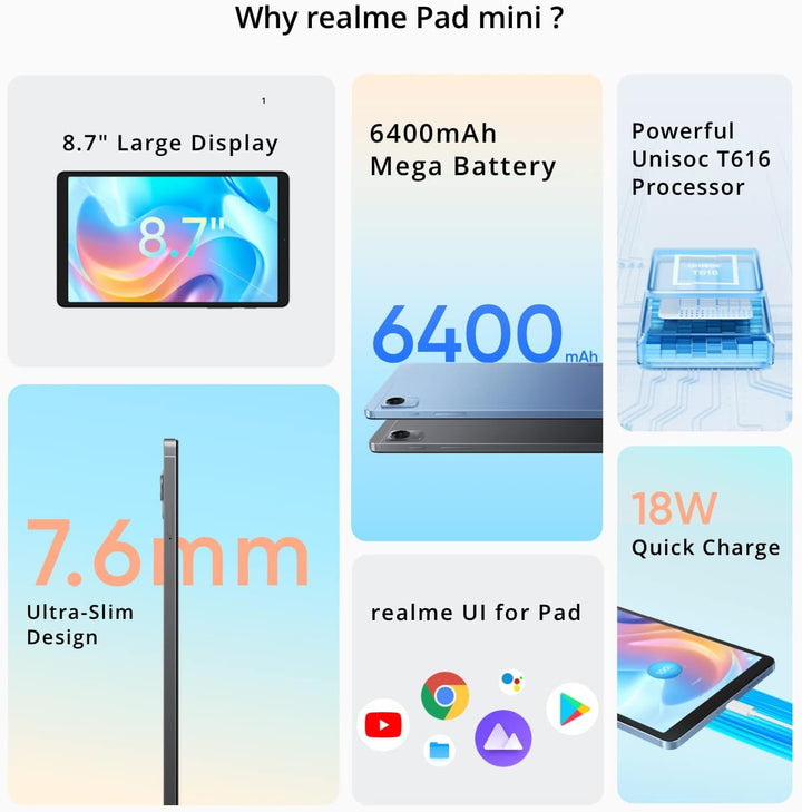 realme Pad mini Wifi 3+32 ，Grosses 8,7" Display ，Mega-Akku mit 6400 mAh ，Starker Unisoc T616-Prozess