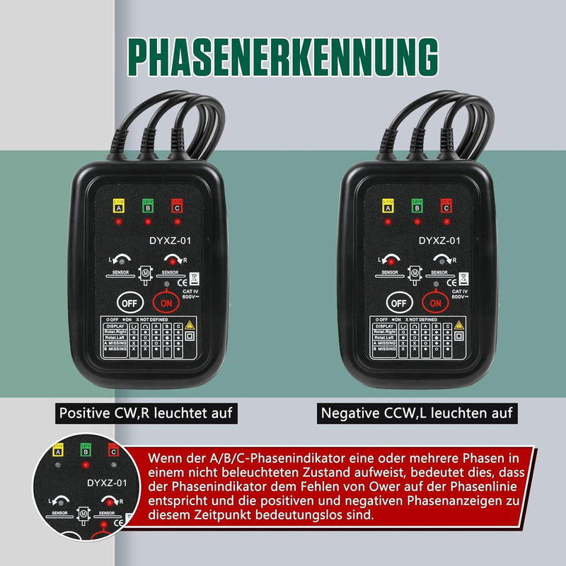 KAISAL Kontaktloser Phasenprüfer Drehfeldmessgerät CAT III AC 70~600V Drehfeldtester Drehfeldmessger