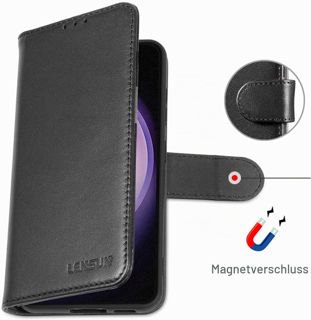 LENSUN Echtleder Hülle für Samsung Galaxy S23, Handyhülle [Echtes Leder] [Magnetverschluss] [RFID Sc