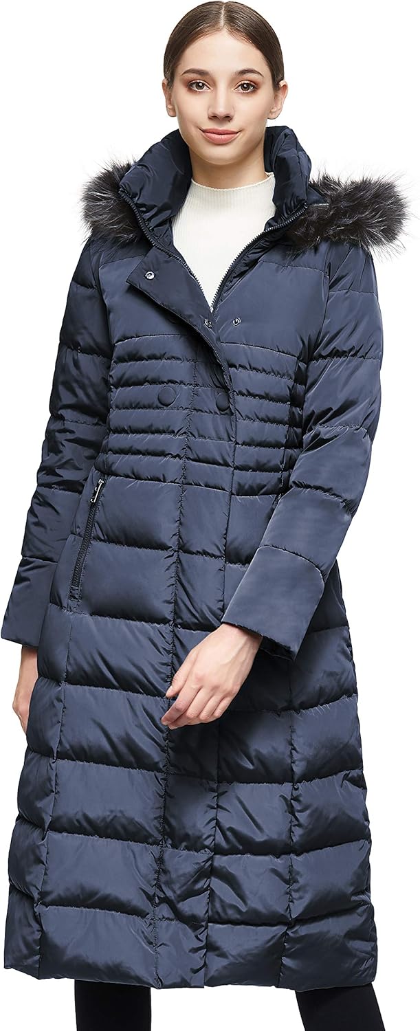 Orolay Damen Daunenmantel Lang Warm Winterjacke mit Kapuze Kunstpelz S Marine, S Marine