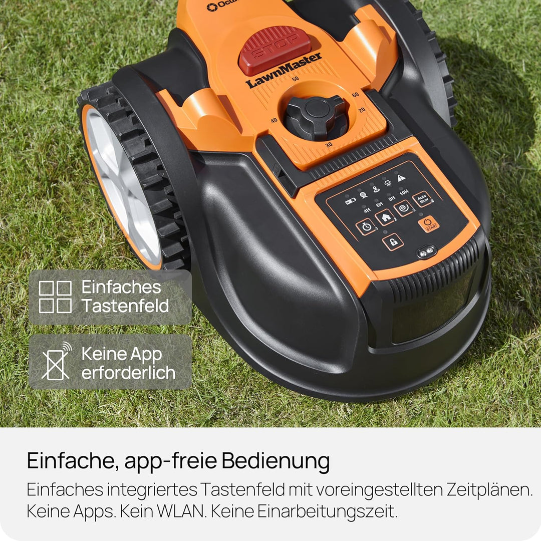 Lawnmaster OcuMow®16 Rasenmäher Roboter Mähroboter ohne Begrenzungskabel bis 300 m², Smarte Hinderni