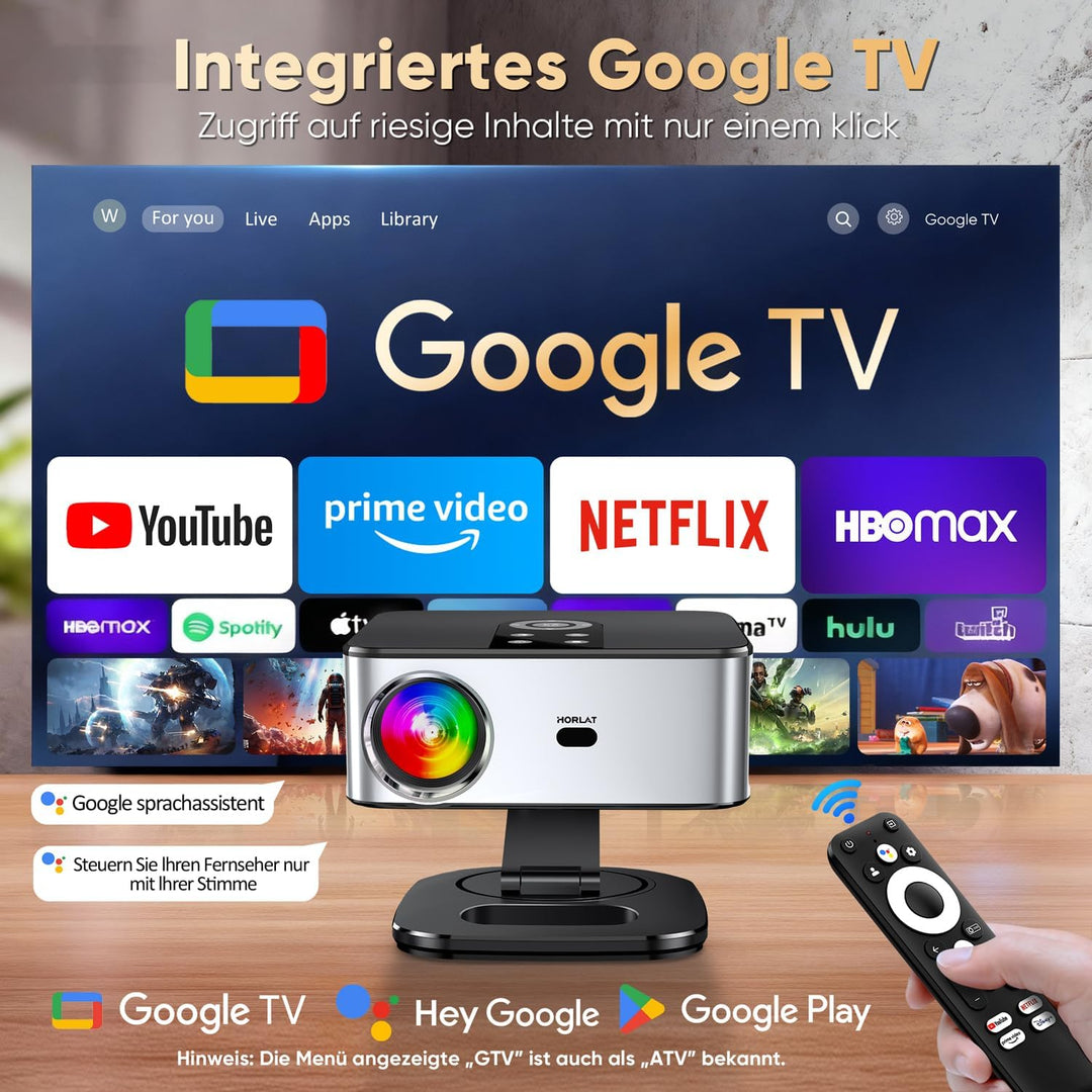 Beamer【1500 ANSI & Google TV】 HORLAT Beamer 4K Heimkino, Full HD 1080P WiFi6 Bluetooth, Autofokus/Tr
