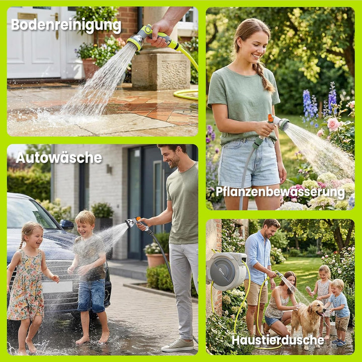 Schlauchtrommel Wasser 30m + 2m, 180° Schwenkbar Wand-Schlauchbox, Automatischer Gartenschlauch trom