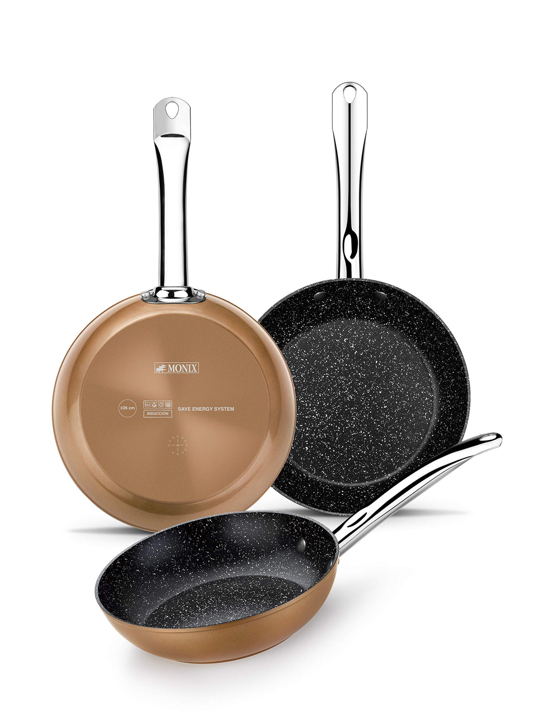 Monix Copper | Set mit 3 Bratpfannen 20-24-28 cm, Kupfereffekt, antihaftbeschichtetes geschmiedetes