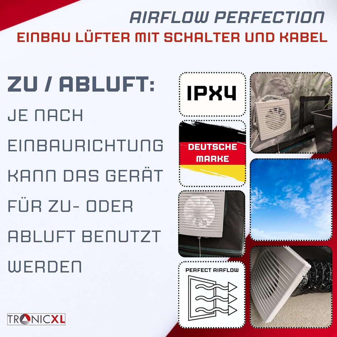 TronicXL 230V Badlüfter mit Kabel Schalter und Stecker IPX4 100mm Abluft/Zuluft Lüfter Ventilator mi