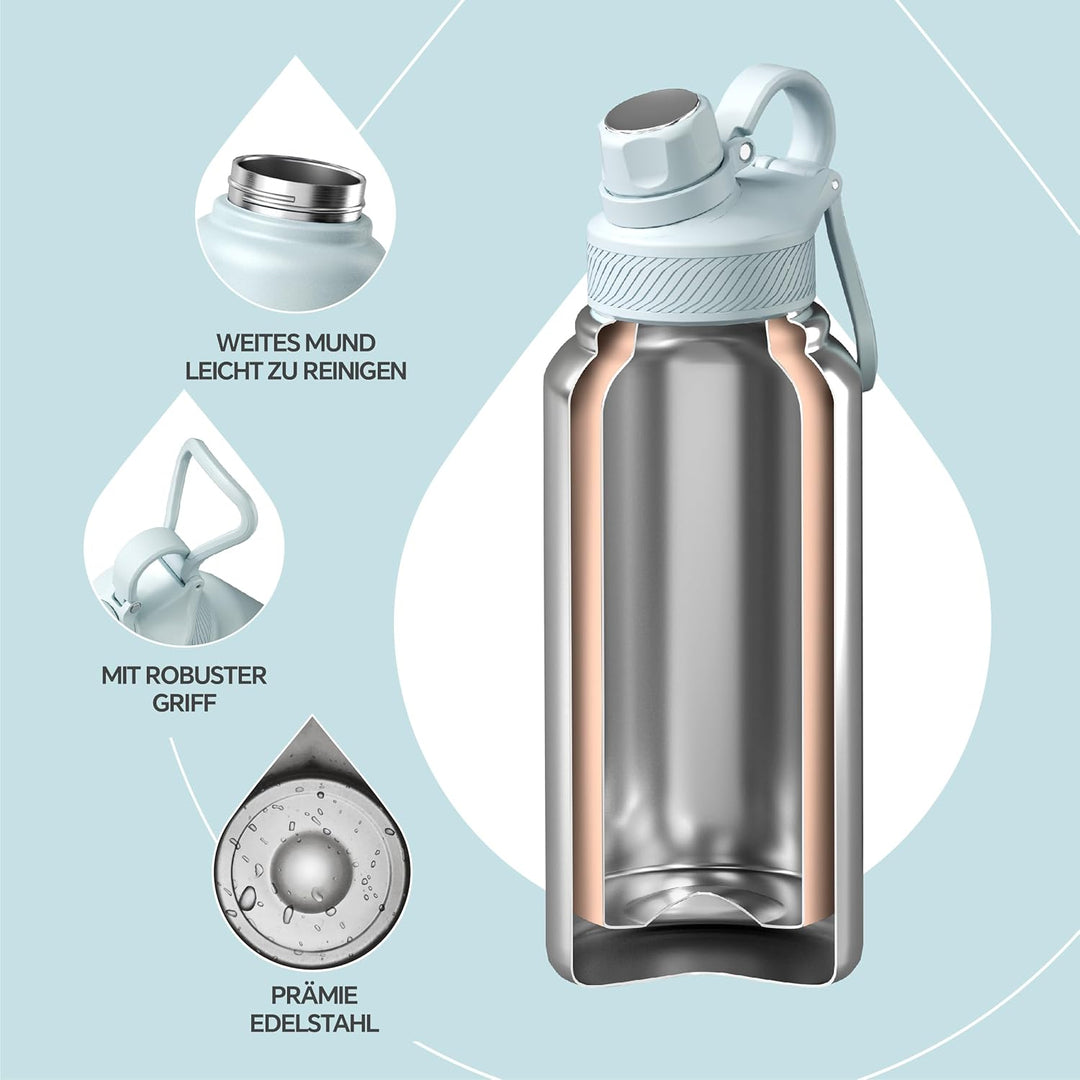 IDEUS Vakuumisolierte Wasserflasche, 32 Oz (950 ml) Edelstahl Doppelwand Flasche Metall Sport Kantin