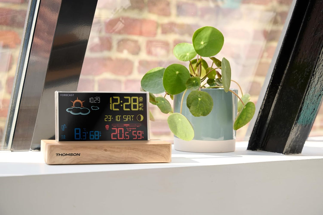 Thomson Wecker Wetterstation schwarz Holzsockel