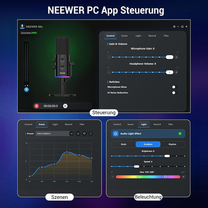 NEEWER DM03 USB/XLR RGB Dynamik Mikrofon mit Stummschaltung AI Rauschunterdrückung, Mic Verstärkungs
