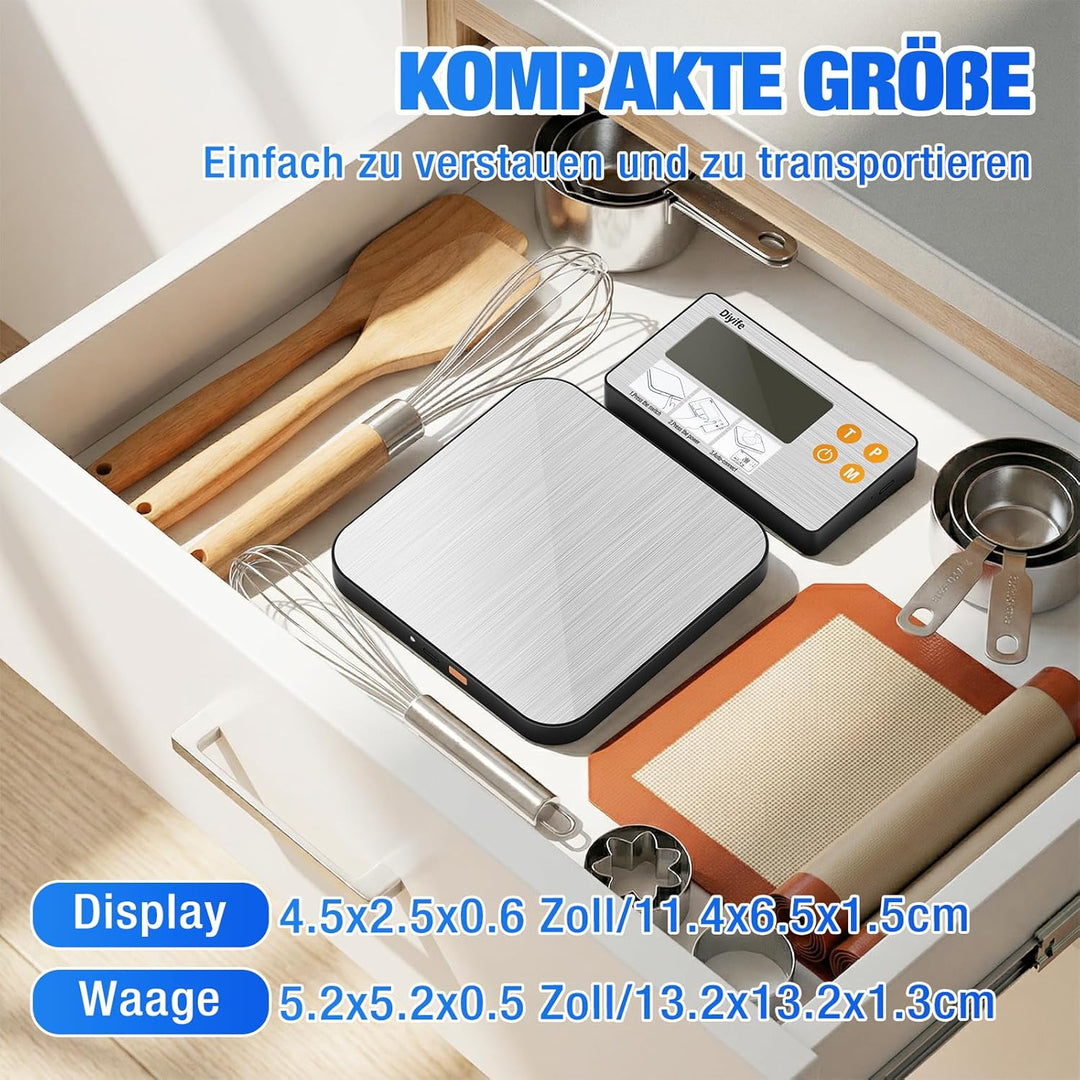Diyife Küchenwaage Digital Geteilt, Edelstahl 1g/15Kg Haushaltswaage, USB-Aufladung und Batteriebetr