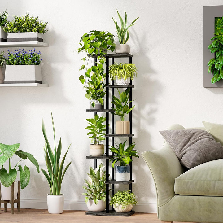 Bamworld Blumenständer Hoch aus Metall und Holz – Pflanzenständer mit 7 Ebenen, Pflanzenregal für In