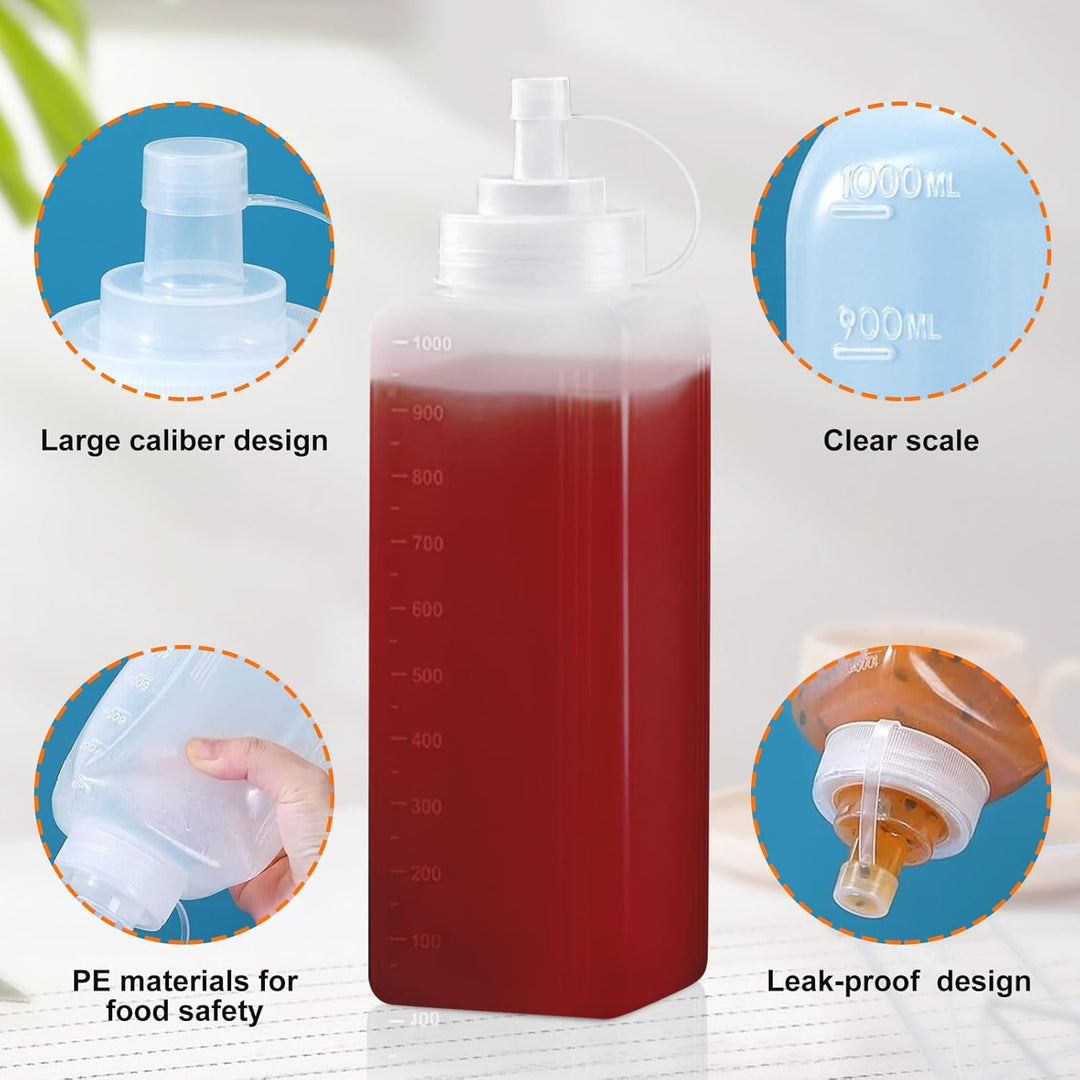 3 Stück Plastik Squeeze Flasche: 1000ML Breiter Mund Quetschflasche Mit Kappen, Transparent Kein Lec