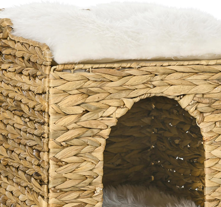 PawHut Rattan Katzenhaus, Katzenhöhle mit Kissen, Katzenbett mit 2 Ebenen, Katzenkorb, Katzenhütte f