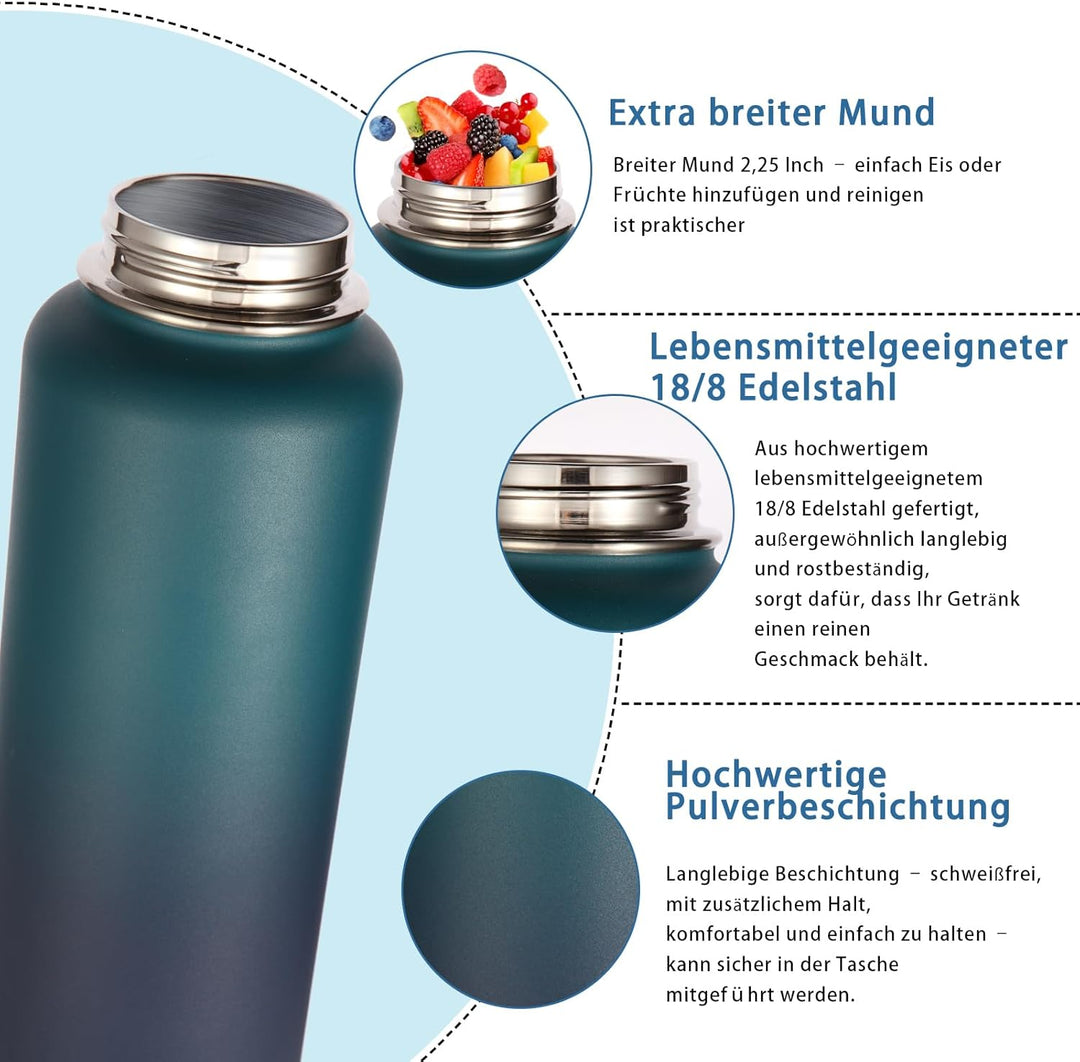 Volhoply 1 Liter Trinkflasche Edelstahl mit Strohhalm,Doppelwandig Vakuum Isolierte Thermosflasche m